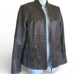 WORTH lacquered leather jacket, subtle brown plaid, gathered pockets zip front 4